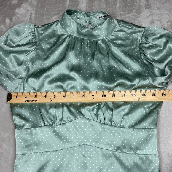 Reformation 100% Silk Samuel LS Mint Polka Dot Long Puff Sleeves Mini Dress 2 - Picture 7 of 17